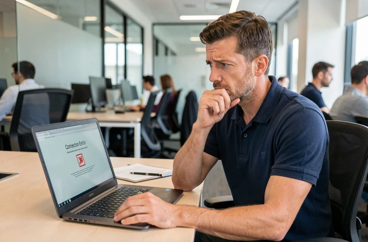 Technicien informatique frustré face à une erreur de connexion sur un intranet d'entreprise dans un bureau moderne