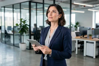 Femme cadre intermédiaire en blazer marine dans un bureau moderne, tenant une tablette avec une expression ambitieuse et réfléchie