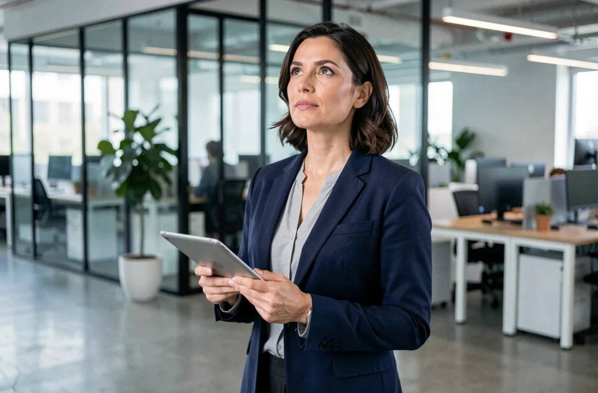 Femme cadre intermédiaire en blazer marine dans un bureau moderne, tenant une tablette avec une expression ambitieuse et réfléchie