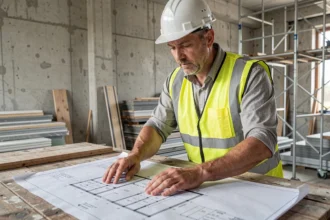 Professionnel du bâtiment N4P2 étudiant un plan architectural sur un chantier de construction