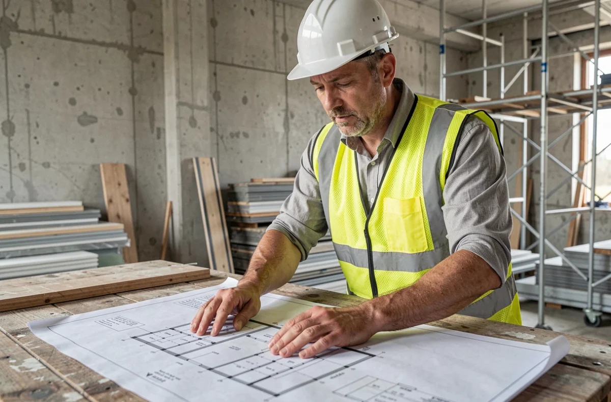 Professionnel du bâtiment N4P2 étudiant un plan architectural sur un chantier de construction