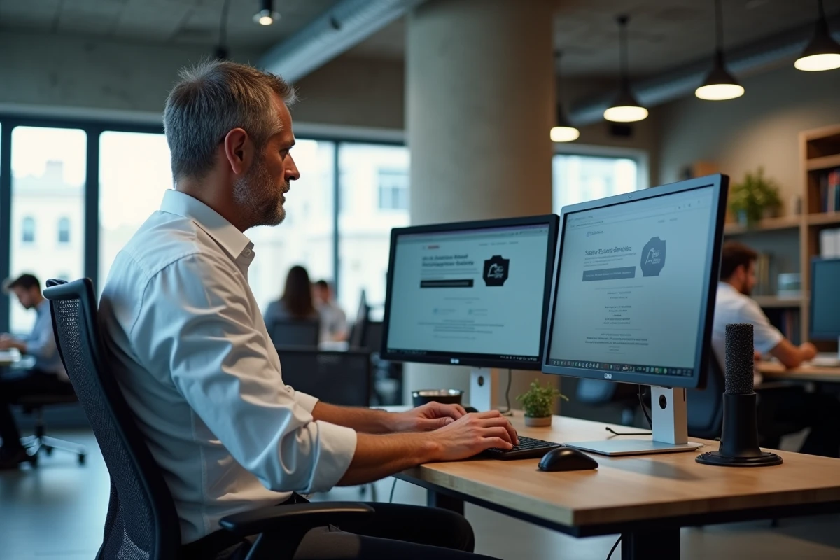 Professionnel en espace de coworking parisien face à une erreur de connexion réseau Nomade Ville de Paris sur son ordinateur