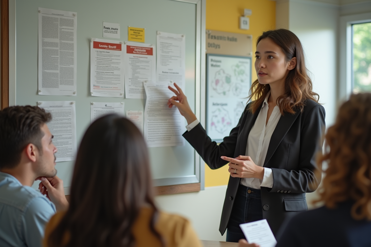 Jeune femme expliquant un article juridique à un groupe