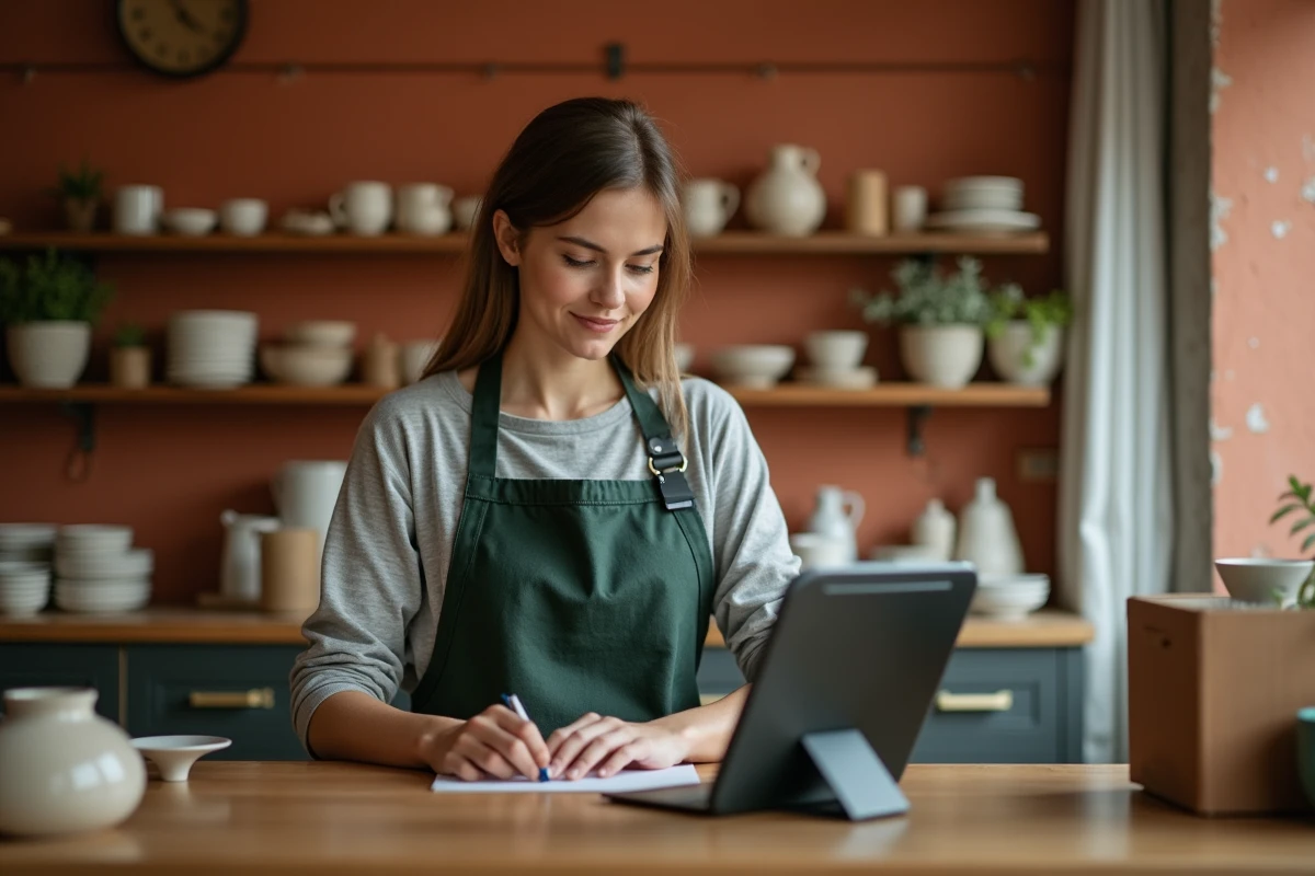 Propriétaire d'une petite boutique artisanale consultant un outil de live chat sur tablette au comptoir de sa boutique