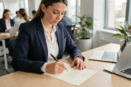 Femme rédigeant une lettre de démission manuscrite à son bureau dans un open space professionnel moderne