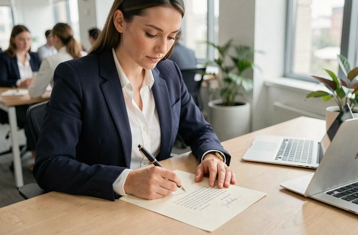 Femme rédigeant une lettre de démission manuscrite à son bureau dans un open space professionnel moderne
