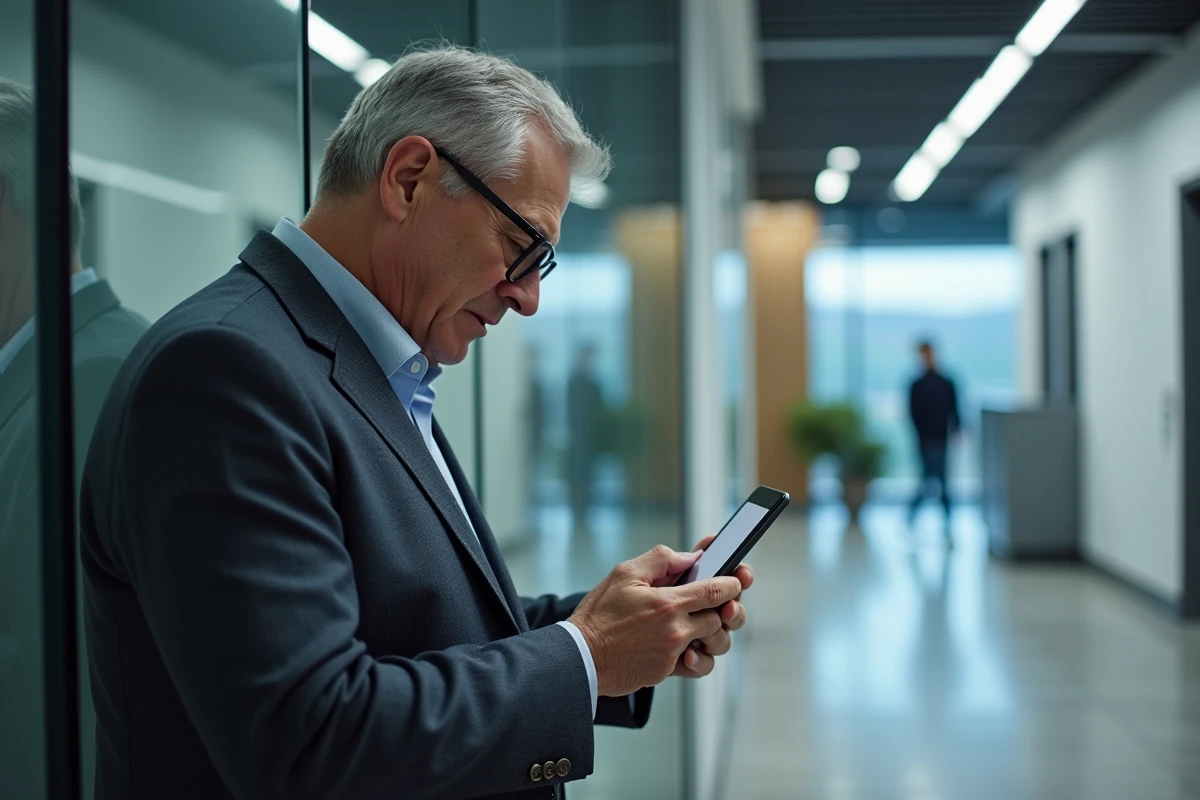 Fonctionnaire consultant une notification de réinitialisation de mot de passe sur son smartphone dans un couloir administratif