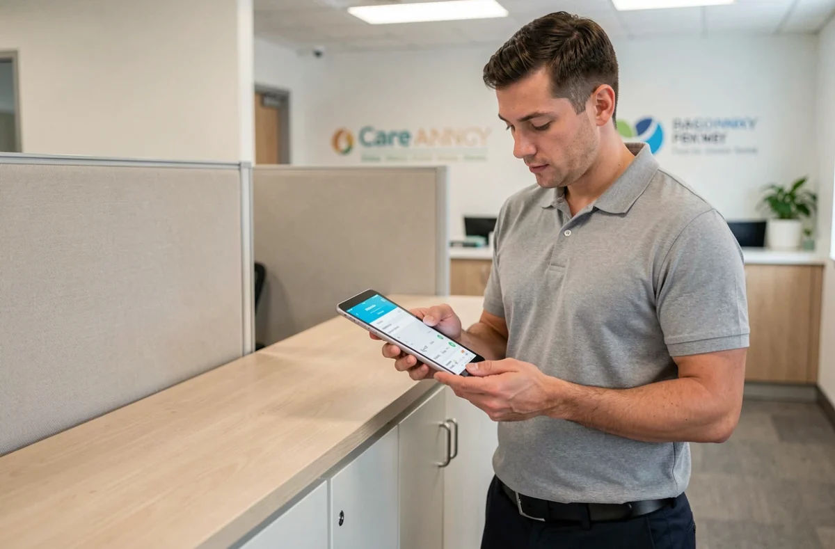 Remplaçant en agence de service à domicile consultant ses missions Azaé sur une tablette numérique