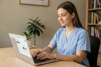 Aide à domicile remplaçante connectée à l'extranet Azaé sur son ordinateur portable depuis son bureau à domicile