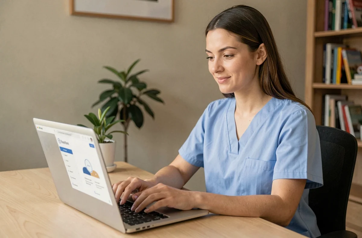 Aide à domicile remplaçante connectée à l'extranet Azaé sur son ordinateur portable depuis son bureau à domicile