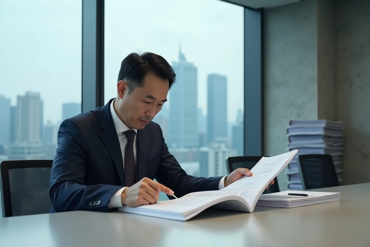 Homme d'affaires asiatique examinant des documents d'exportation CE Mark dans une salle de conférence à Shanghai