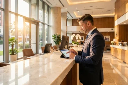 Responsable d'hébergement consultant un planning dans le hall d'un hôtel