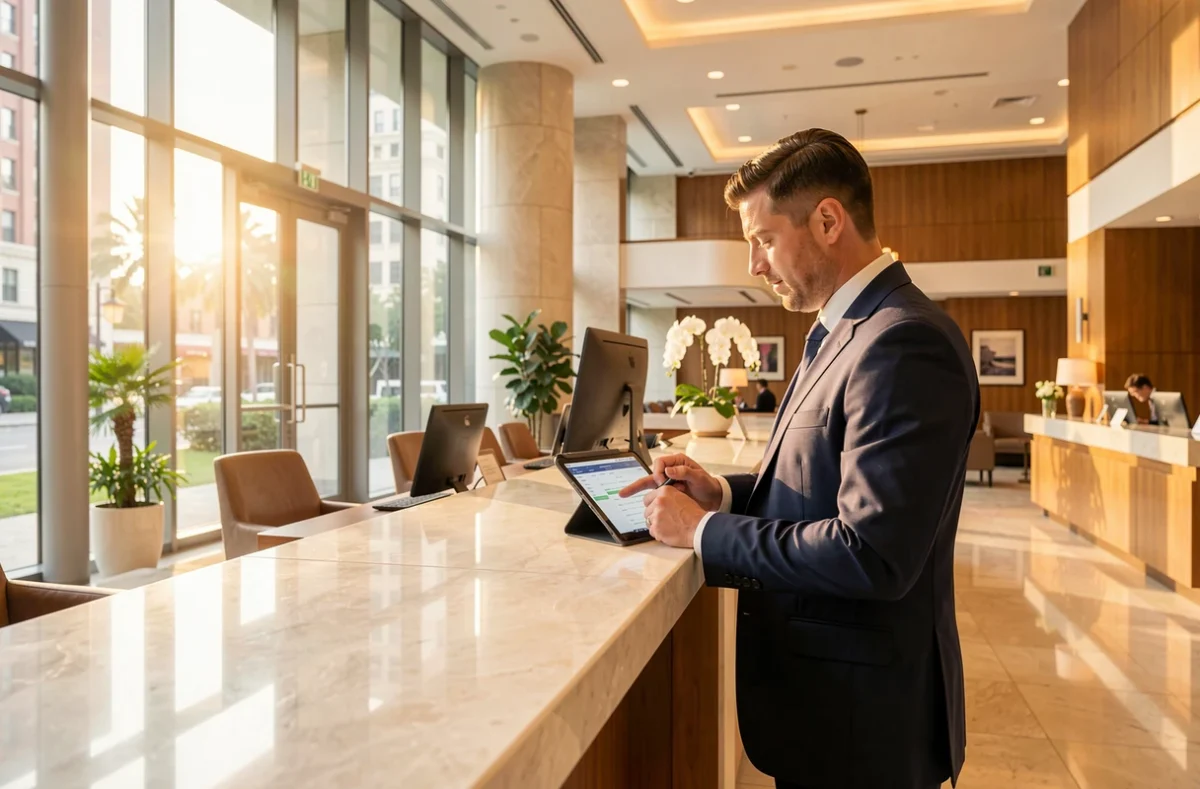 Responsable d'hébergement consultant un planning dans le hall d'un hôtel