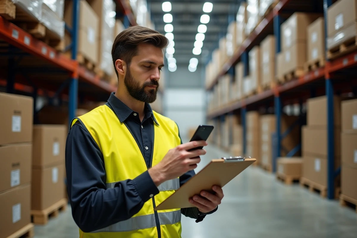 Responsable d'entrepôt consultant son smartphone pour le suivi d'expédition dans un centre logistique
