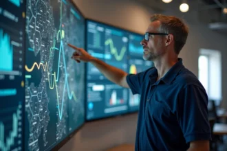 Responsable de flotte logistique analysant un logiciel de télématique sur un tableau de bord numérique en temps réel dans une salle de contrôle moderne