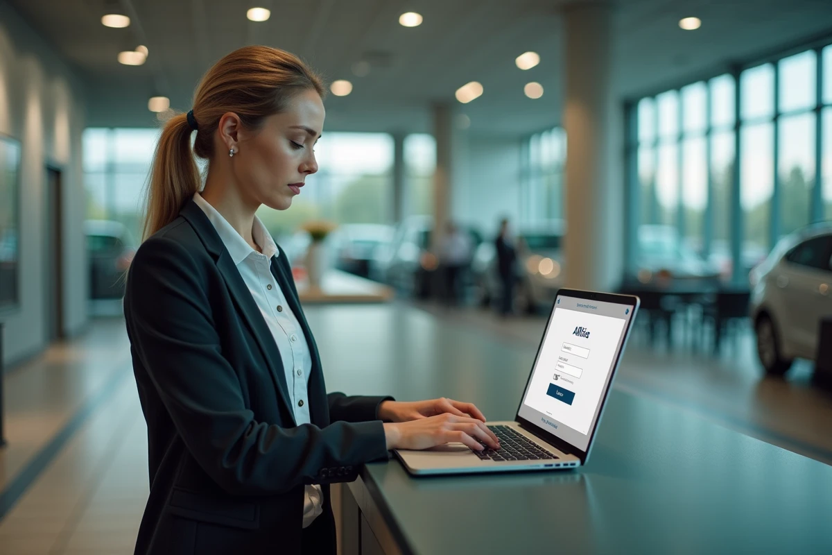 Responsable de garage utilisant un espace affilié en ligne sur laptop dans un centre de contrôle technique moderne