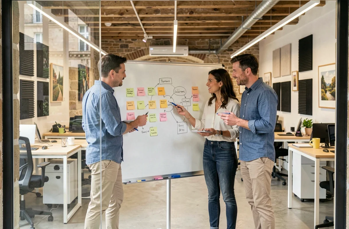 Groupe de professionnels en réunion collaborative dans une salle vitrée d'un espace de coworking à Libourne