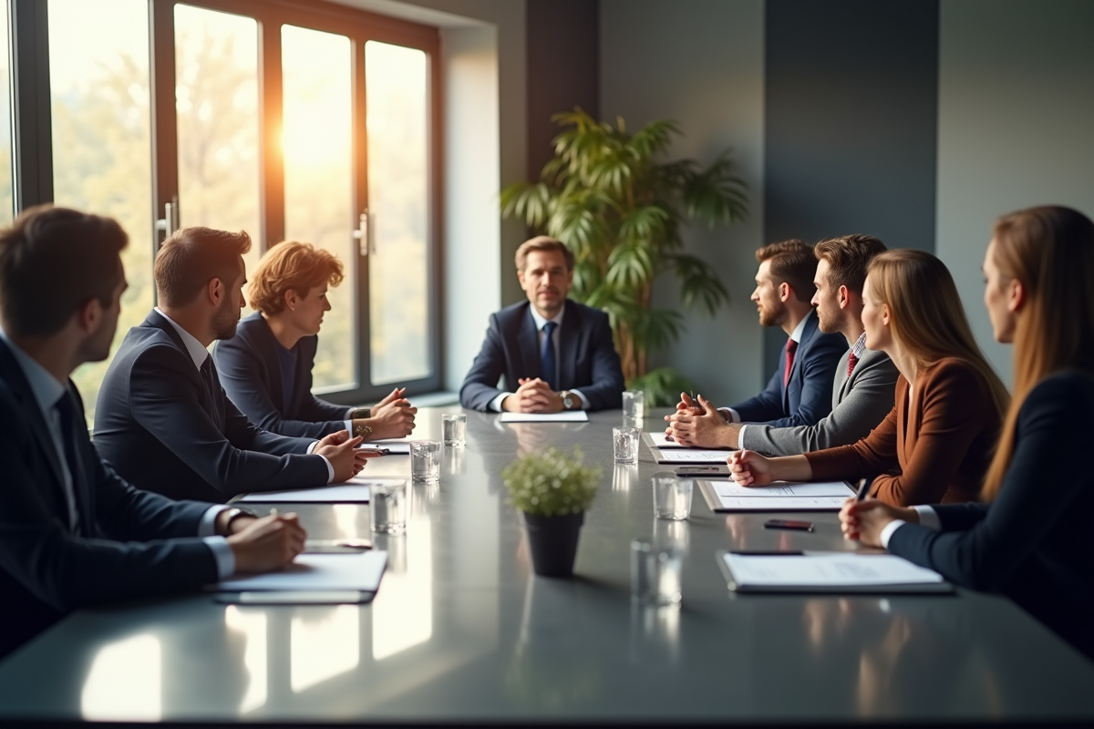 Professionnels en réunion dans une salle lumineuse