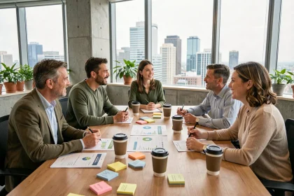 Équipe de professionnels en réunion autour d'un rapport RSE dans un bureau moderne et lumineux