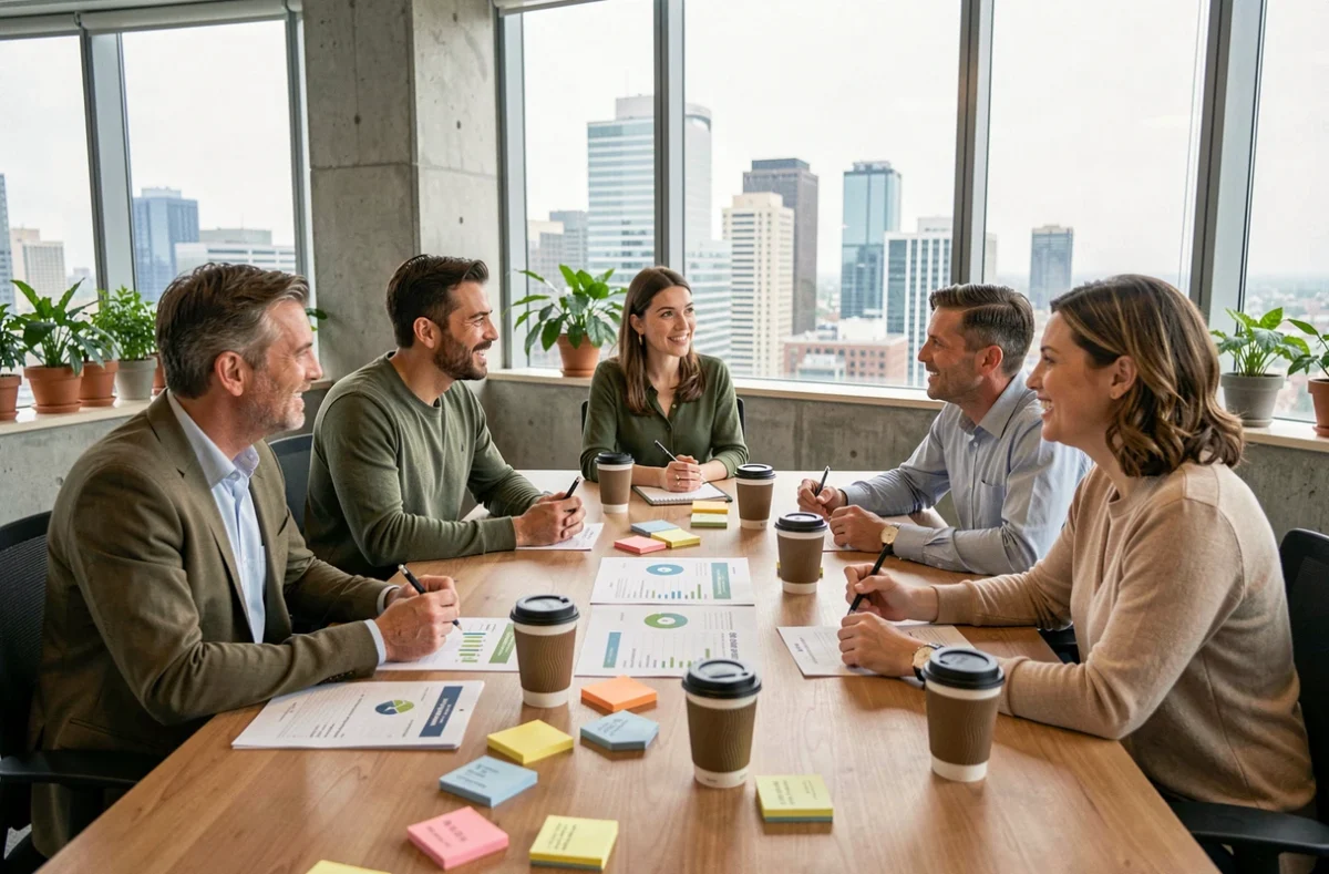 Équipe de professionnels en réunion autour d'un rapport RSE dans un bureau moderne et lumineux