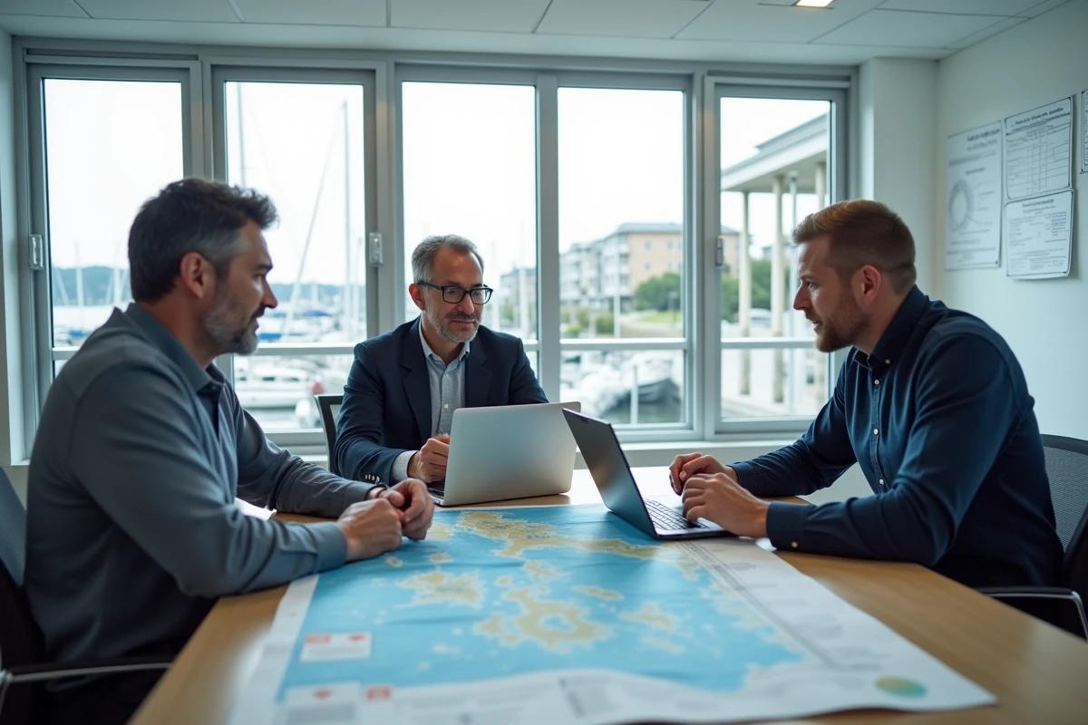 Réunion de professionnels de l'industrie nautique autour d'une carte maritime dans un bureau de capitainerie moderne