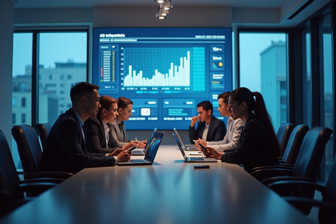 Groupe de professionnels autour d'une table moderne analysant des réseaux sociaux