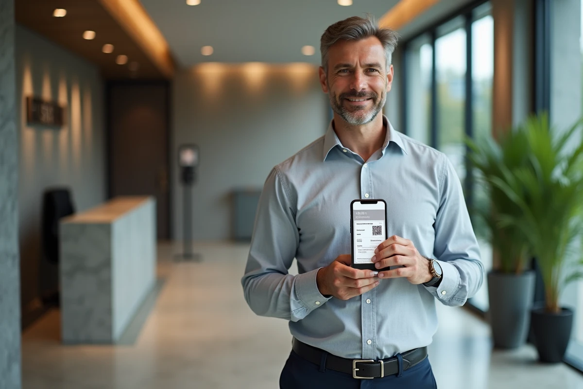 Salarié tenant son smartphone avec un billet électronique QR code dans le hall d'une entreprise moderne