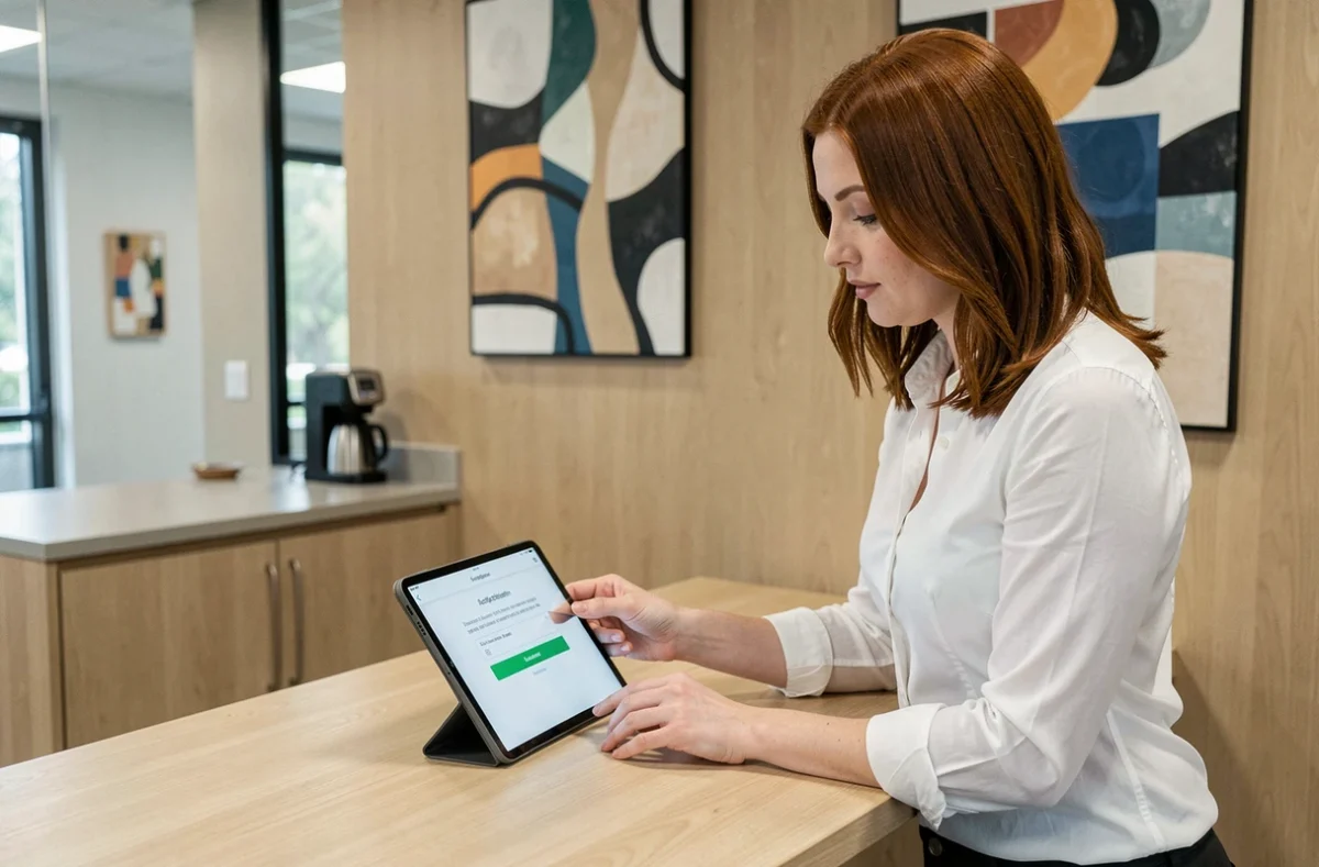 Jeune salariée consultant les étapes d'activation de son compte Desk RH sur une tablette en salle de pause