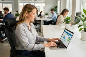 Salariée utilisant un logiciel de gestion du temps de travail en self-service sur son ordinateur portable dans un bureau moderne