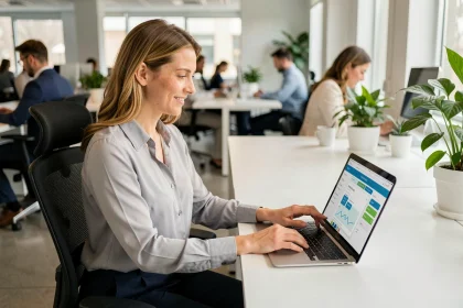 Salariée utilisant un logiciel de gestion du temps de travail en self-service sur son ordinateur portable dans un bureau moderne