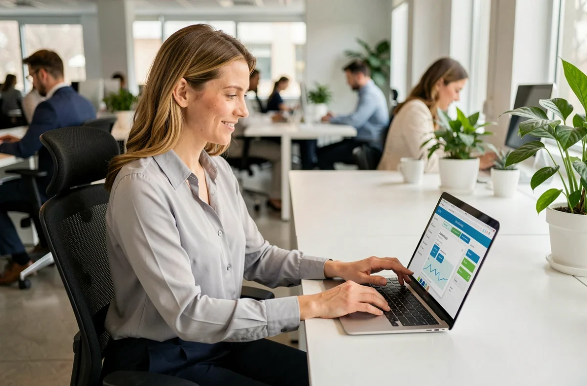 Salariée utilisant un logiciel de gestion du temps de travail en self-service sur son ordinateur portable dans un bureau moderne