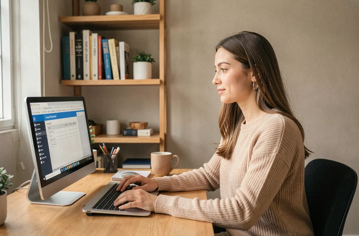 Salariée en télétravail soumettant une demande de congé ou de validation d'heures via un portail self-service sur ordinateur