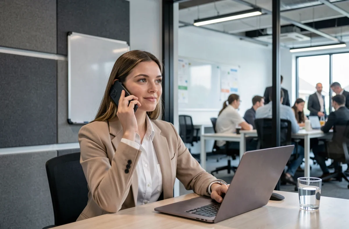 Jeune femme professionnelle en réunion privée dans une salle vitrée d'un espace de coworking à Saint-Germain-en-Laye