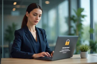 Professionnelle sécurisant l'accès à ses données sensibles via une interface de connexion à double authentification sur ordinateur portable en open space