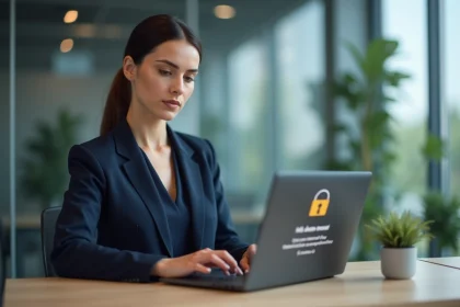 Professionnelle sécurisant l'accès à ses données sensibles via une interface de connexion à double authentification sur ordinateur portable en open space