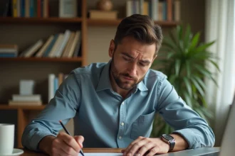 Homme remplissant un formulaire de signalement de travail non déclaré à son bureau à domicile
