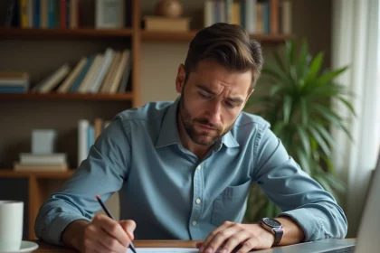 Homme remplissant un formulaire de signalement de travail non déclaré à son bureau à domicile