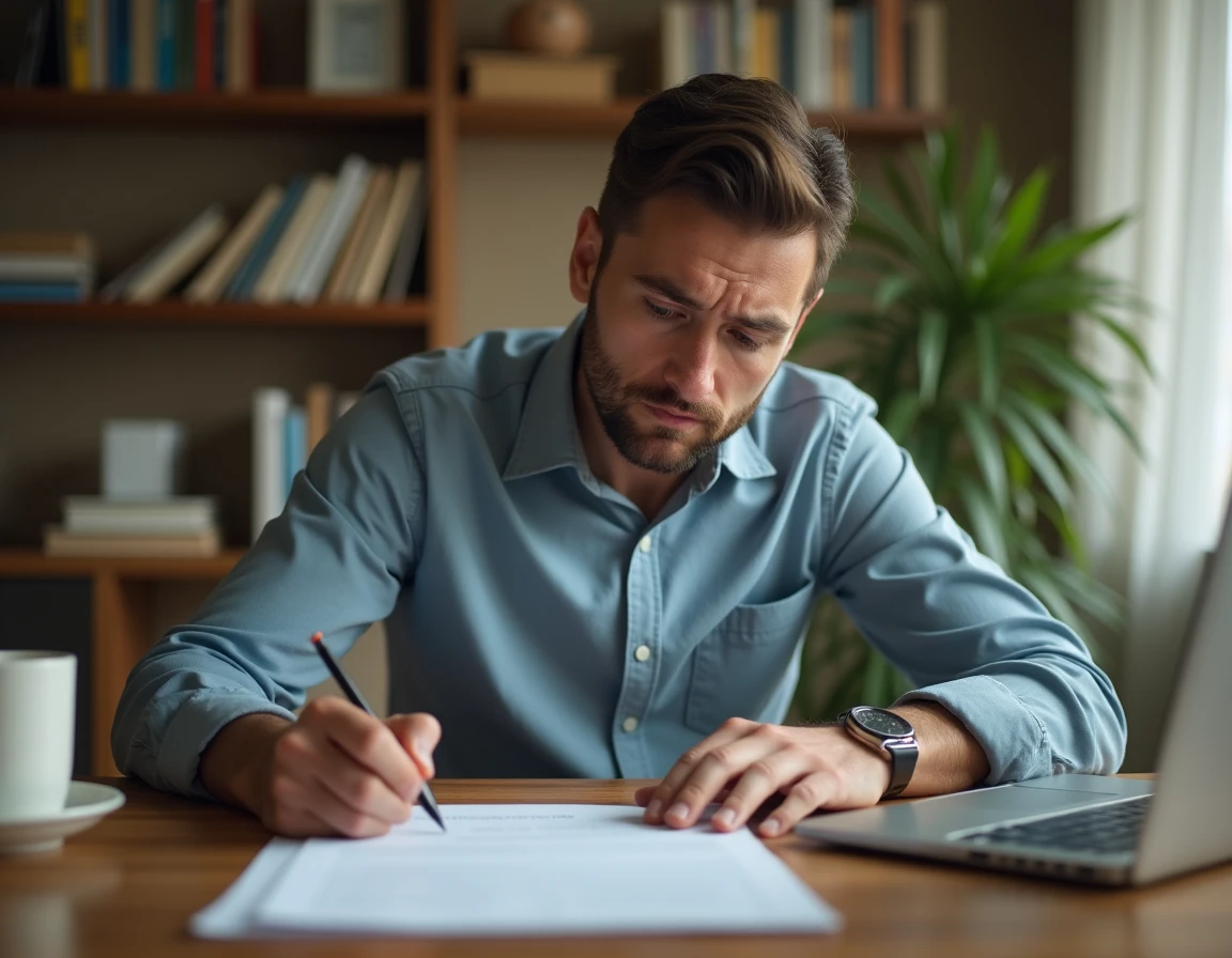 Homme remplissant un formulaire de signalement de travail non déclaré à son bureau à domicile