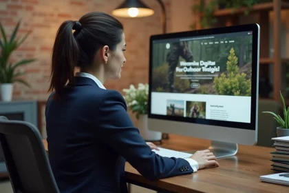 Une professionnelle du marketing digital analyse un site web dédié à la chasse pour définir une stratégie digitale