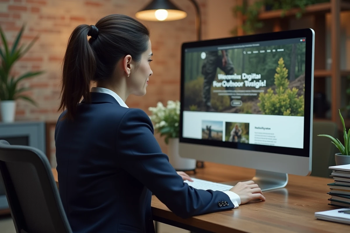 Une professionnelle du marketing digital analyse un site web dédié à la chasse pour définir une stratégie digitale