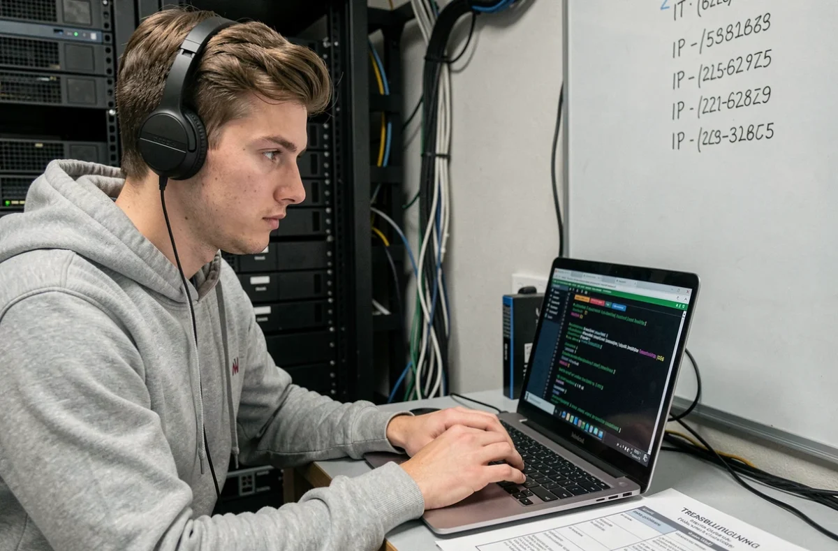 Technicien support informatique résolvant un problème de connexion réseau intranet dans une salle de serveurs d'entreprise