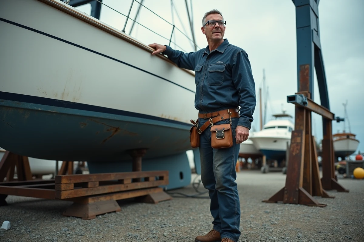 Technicien nautique effectuant la maintenance d'une coque de bateau dans un chantier naval