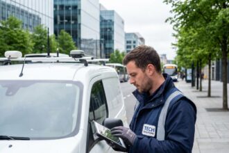 Technicien urbain avec tablette devant une camionnette moderne