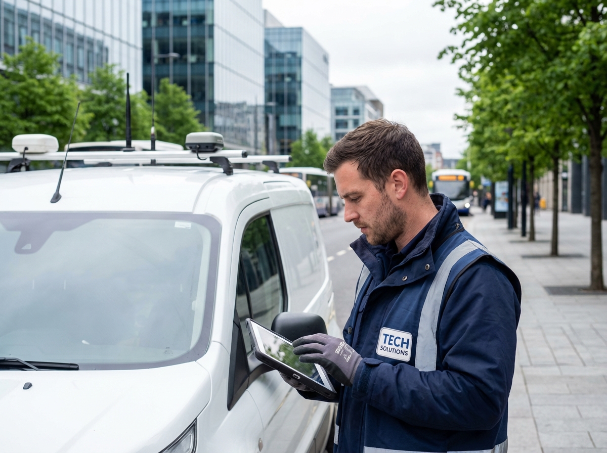 Technicien urbain avec tablette devant une camionnette moderne