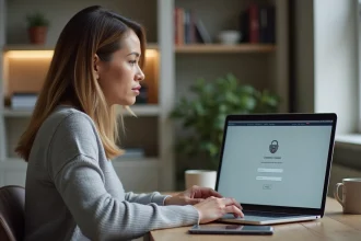 Femme en télétravail se connectant à un portail sécurisé d'entreprise depuis son bureau à domicile
