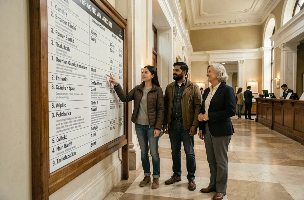 Touristes internationaux consultant une affiche tarifaire multilingue dans le hall d'entrée d'un musée patrimonial