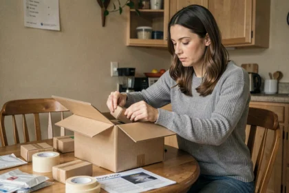 Femme travaillant à domicile en emballant des boîtes en carton sur une table de cuisine, illustration d'une offre de travail à domicile emballage