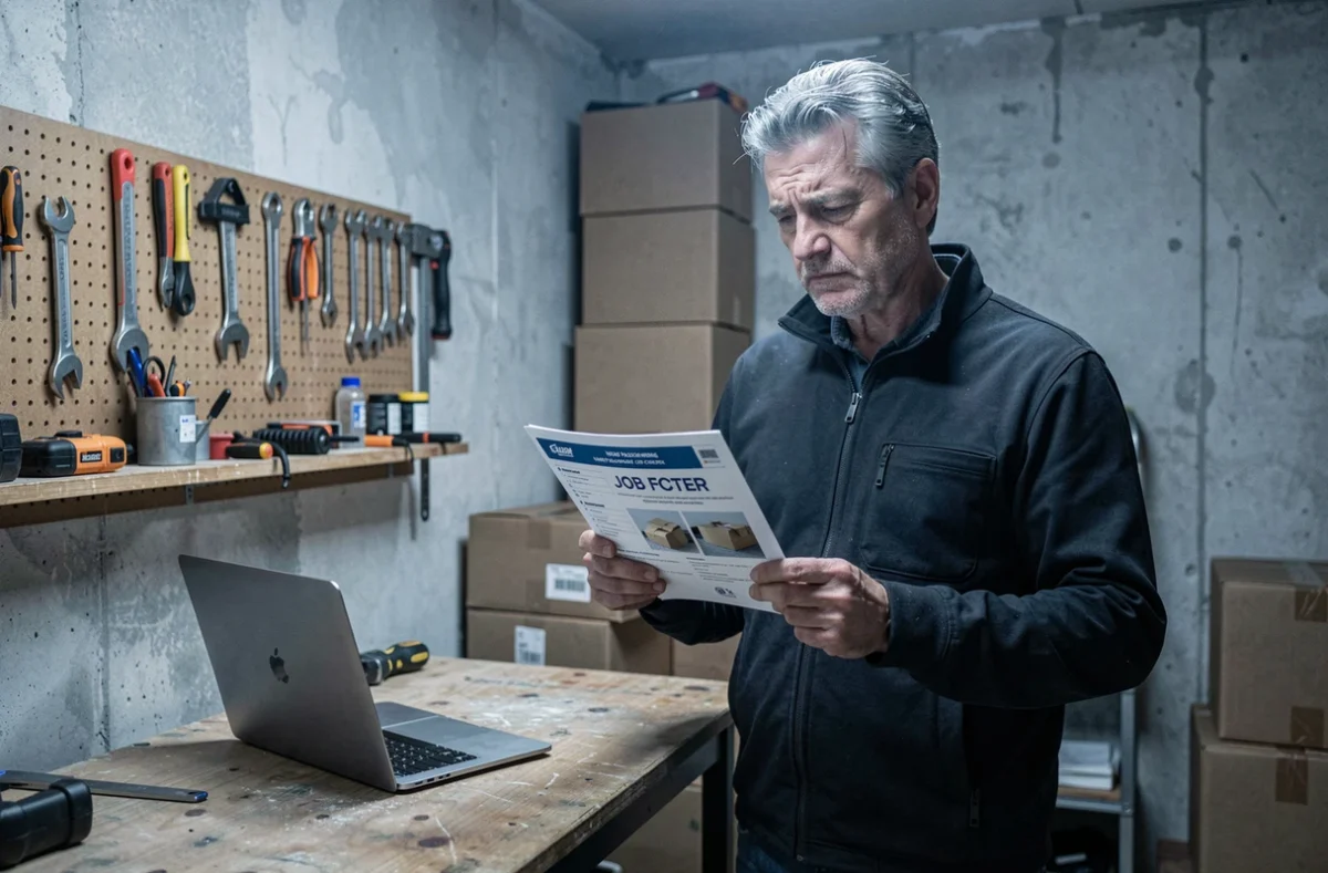 Homme dans un garage examinant une offre de travail à domicile emballage avec un regard sceptique, illustrant les avis partagés sur ce type d'emploi