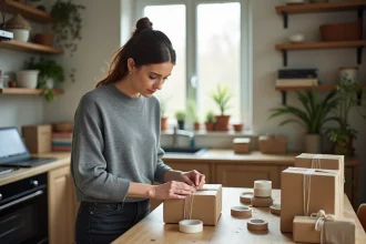 Auto-entrepreneuse emballant des produits artisanaux à domicile sur une table en bois avec du papier kraft et des boîtes en carton
