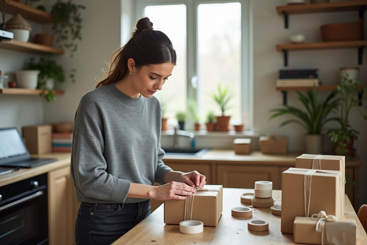 Auto-entrepreneuse emballant des produits artisanaux à domicile sur une table en bois avec du papier kraft et des boîtes en carton